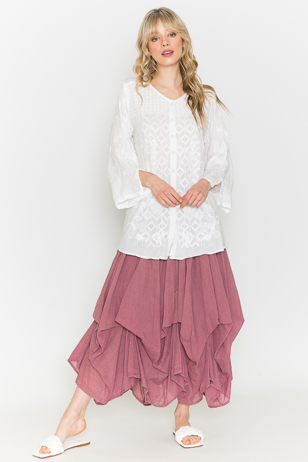 White Tunic With White Embroidery -100% Cotton Bubble Skirt - Rose